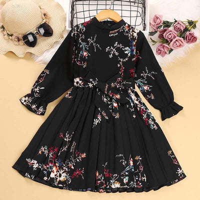 Vestido Niña Manga Larga Flores Retro Plisado