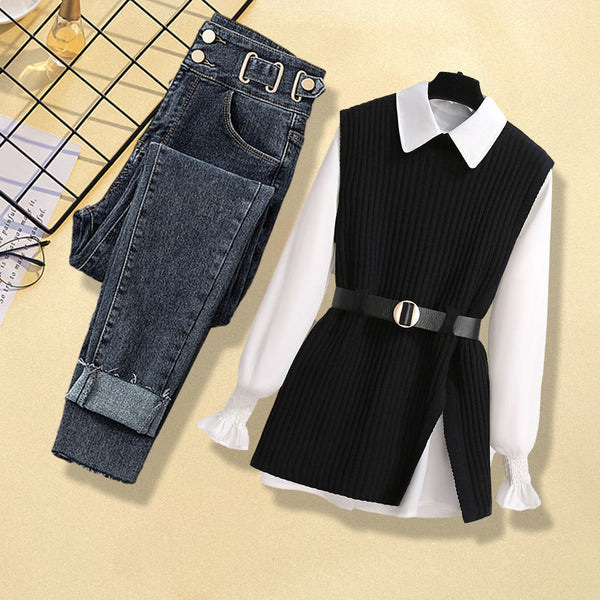Conjunto de 3 Piezas: Chaleco Tejido, Camisa y Jeans para Mujer