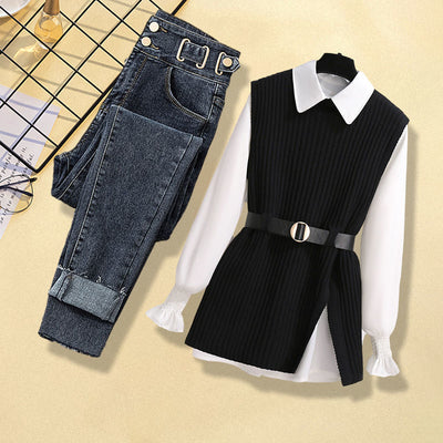 Conjunto de 3 Piezas: Chaleco Tejido, Camisa y Jeans para Mujer - Image 2