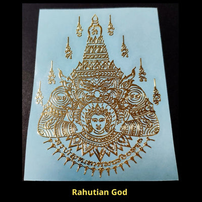 Gold foil sticker featuring a stylized turtle with intricate Thai script and patterns on a light blue background. - Image 11