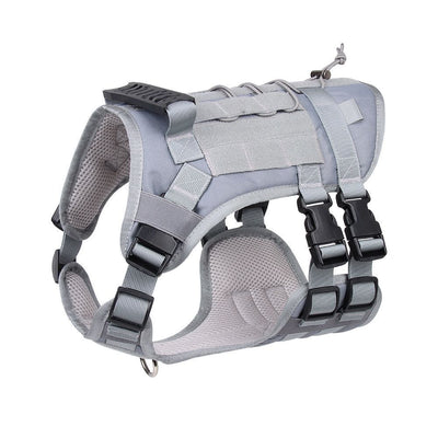 Light grey tactical dog harness made of Oxford cloth with mesh padding, adjustable straps, a top handle, and D-ring. - Image 7