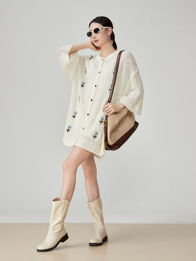 Cardigan Tejido Blanco con Bordado Floral y Mangas Cortas para Mujer - Image 11