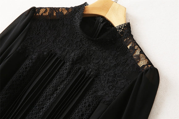 Vestido Plisado de Encaje Reforzado Largo Medio