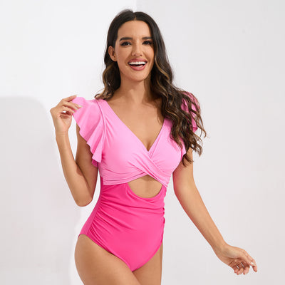 Black one-piece swimsuit for women with ruffled cap sleeves, deep V-neck, and a front cutout detail. - Image 3