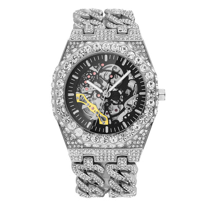 Reloj Automático Hip Hop con Cadena Cubana de Diamantes Completos y Eslabón Hueco - Image 4
