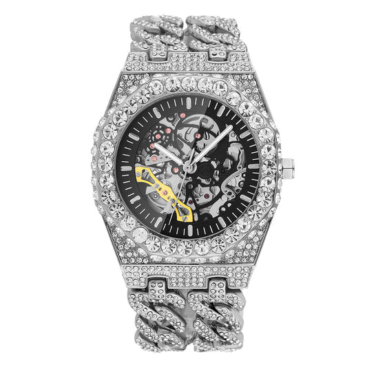Reloj Automático Hip Hop con Cadena Cubana de Diamantes Completos y Eslabón Hueco - Image 4