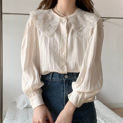 Blusa Elegante con Cuello de Encaje de Hoja de Loto para Mujer - Image 10