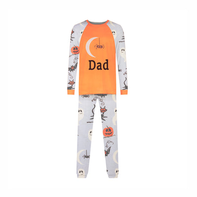 Matching family Halloween pajamas with orange and grey long-sleeve shirts and pants, featuring ghosts, pumpkins, and bats. - Image 5