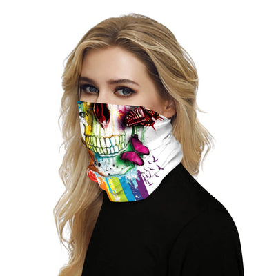 Black and white neck gaiter featuring a detailed skull and spine print, suitable for outdoor sports. - Image 42