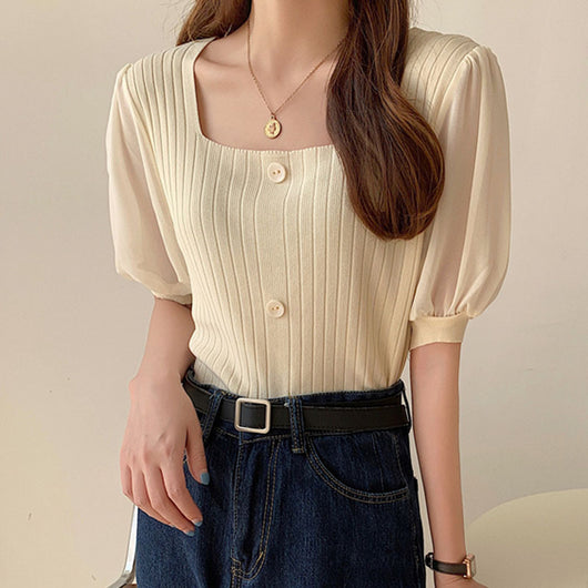 Blusa Tejida con Cuello Cuadrado y Mangas Combinadas - Image 8