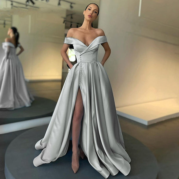 Vestido de Satén Elegante Cintura Alta Escote Frío y Abertura Profunda - Image 3