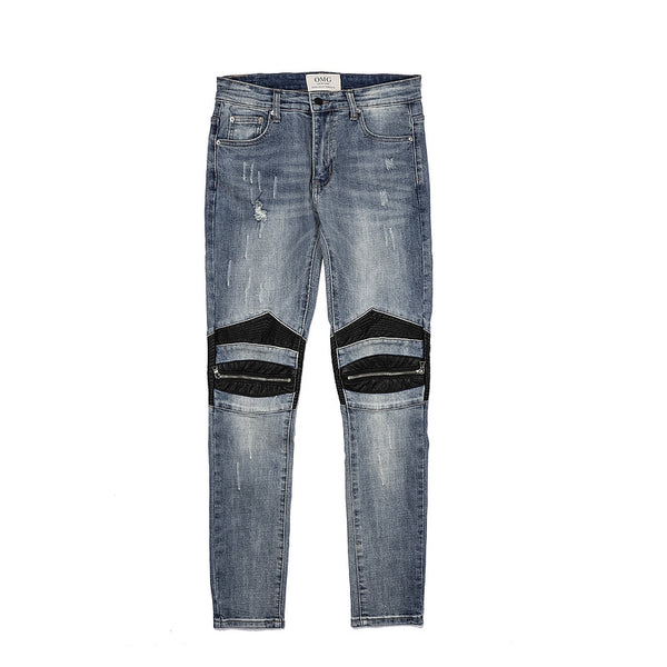 Jeans Slim Fit Motociclista con Parches de Cuero y Cierre Ajustado