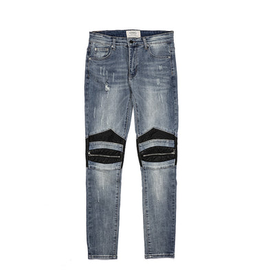 Jeans Slim Fit Motociclista con Parches de Cuero y Cierre Ajustado