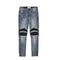 Men's Slim Fit Biker Jeans with Leather Patches and Zip Fly