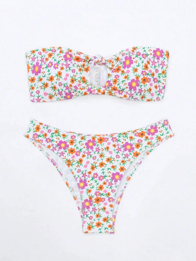 White floral print bandeau bikini with pink and blue flowers, featuring a front knot top and high-cut bottom. - Image 7