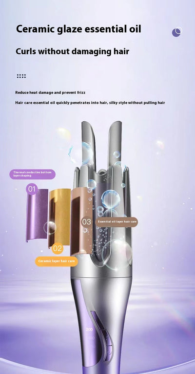 Gradient purple wireless automatic hair curler with a sleek design, one-button start, and three-speed adjustment. - Image 21