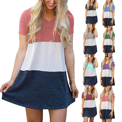 Vestido Camiseta Suelta con Cuello V y Combinación de Colores para Mujer