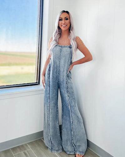 Jumpsuit Denim Vintage de Piernas Anchas con Tirantes - Image 8