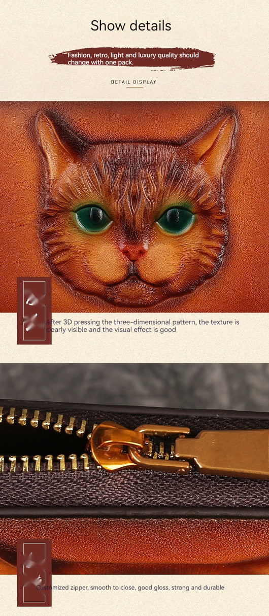 Monedero de Cuero Genuino con Diseño de Gato y Múltiples Espacios para Tarjetas - Image 11