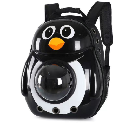 Black and white penguin-shaped pet carrier backpack with a transparent bubble window and ventilation holes. - Image 55