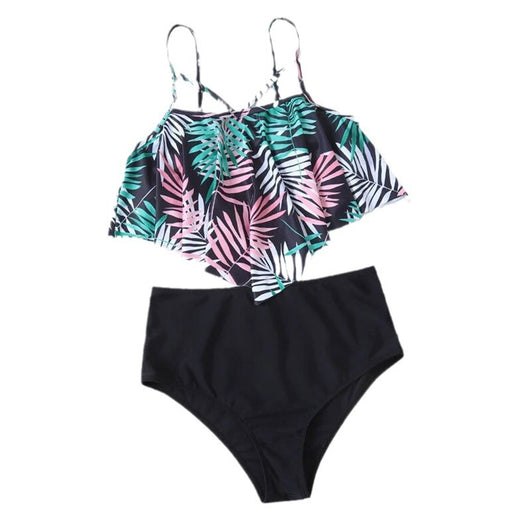 Women's split swimsuit with a black high-waisted bikini bottom and a flounced tankini top featuring a green, blue, and white tropical leaf print. - Image 5