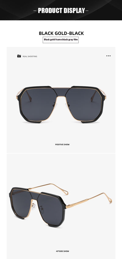 Black and gold polygon sunglasses with dark gray lenses, featuring a trendy concave design and anti-blue light properties. - Image 9