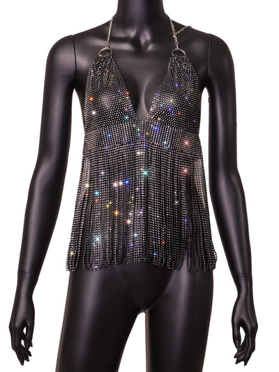 Camiseta Ajustada con Espalda de Malla, Cristales y Borlas Estilo Europeo - Image 2