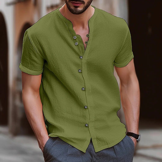 Camisa Retro de Algodón y Lino para Hombre con Botones - Manga Corta Casual - Image 17