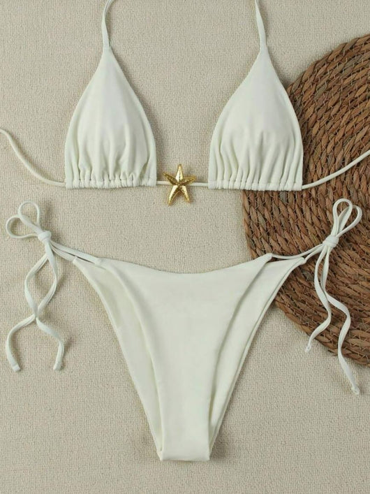 White two-piece bikini with triangle top and tie-side bottom, featuring a gold starfish charm. - Image 10