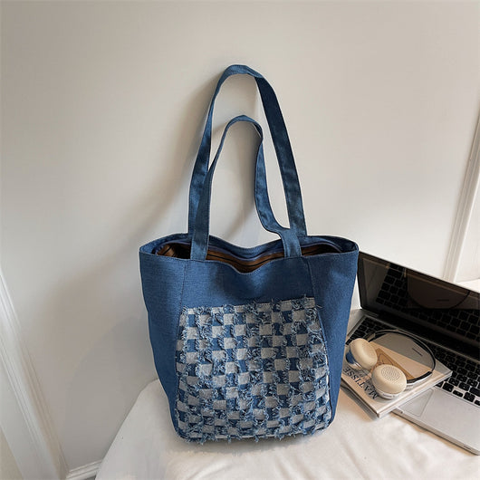 Bolsa Tote de Mezclilla Lavada con Patrón Escocés y Gran Capacidad - Image 8