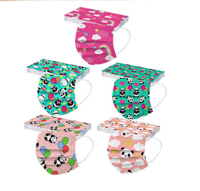 Pink children's protective mask with a cute panda and colorful balloon pattern, featuring white ear loops. - Image 3