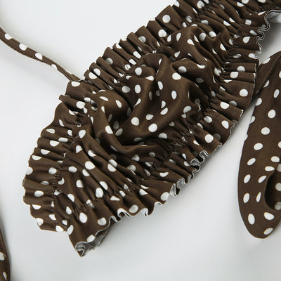 Dark brown polka dot halter bikini top with matching shirred high-waisted shorts for women. - Image 29