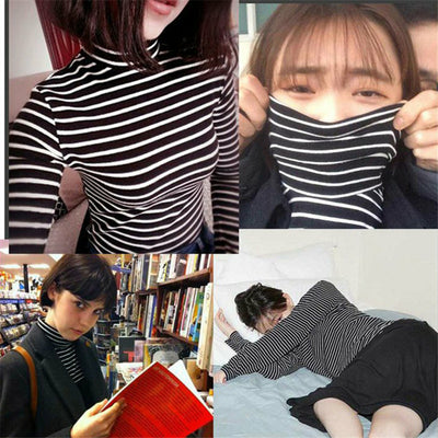Camiseta de Cuello Alto a Rayas Estilo Coreano - Básico Versátil para Estudiantes - Image 7
