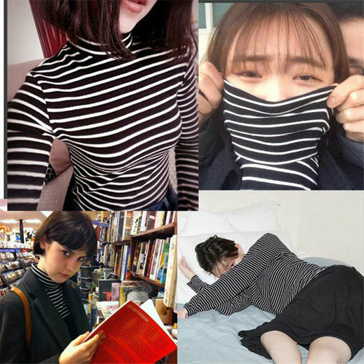 Camiseta de Cuello Alto a Rayas Estilo Coreano - Básico Versátil para Estudiantes - Image 7