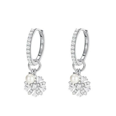 Aretes de Plata S925 con Perla y Diseño de Copo de Nieve - Image 5