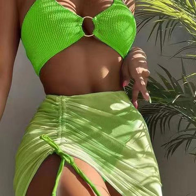 Traje de Baño Mujer Tres Piezas Color Sólido Cuello Halter - Image 24
