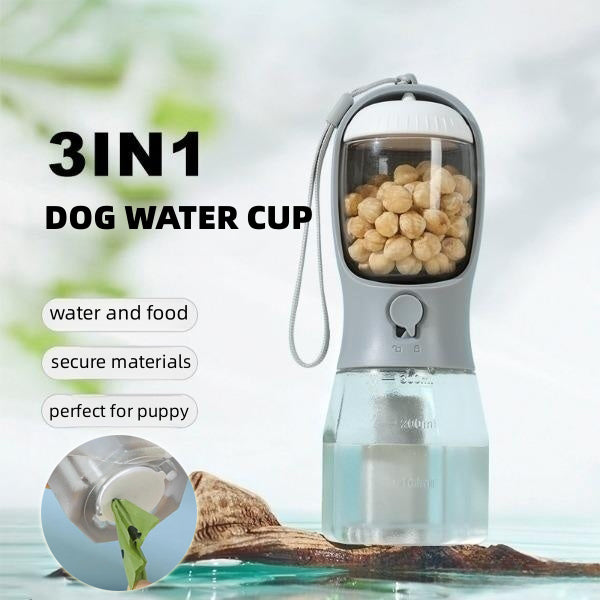 Purple 3-in-1 portable pet water bottle with food compartment, waste bag dispenser, and lanyard.