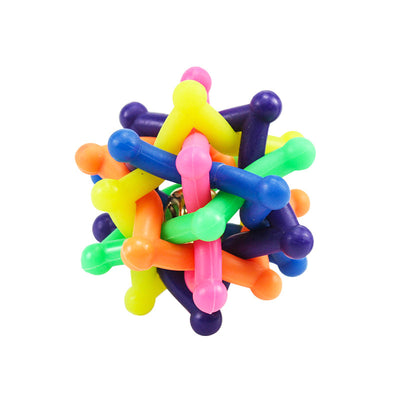 Colorful rainbow pet chew toy ball made of soft rubber with an interlocking design and an internal bell. - Image 2