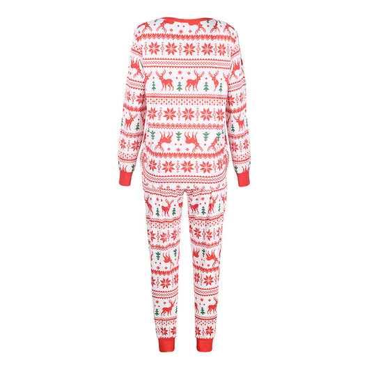 Red and white long-sleeved family matching pajamas with reindeer and snowflake pattern for dad, mom, kid, and baby. - Image 4