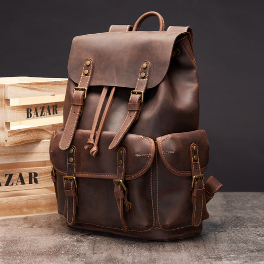 Mochila Retro Cuero Crazy Horse Hombre - Gran Capacidad Viajes y Trabajo
