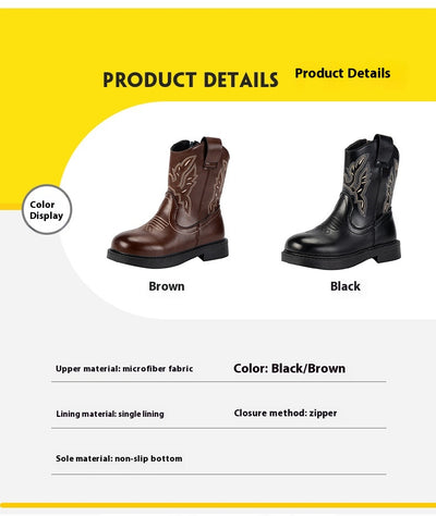 Girls' brown Martin boots with white ethnic embroidery, side zippers, and black soles, displayed on a light carpet. - Image 13
