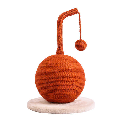 Green sisal cat scratching post with a spherical base, curved post, and dangling ball toy on a round felt base. - Image 11