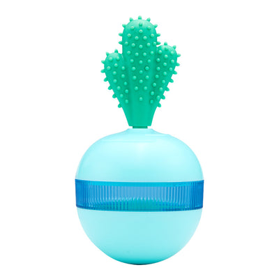 Light blue pet food dispensing ball toy with a translucent blue band and a green cactus-shaped top. - Image 11