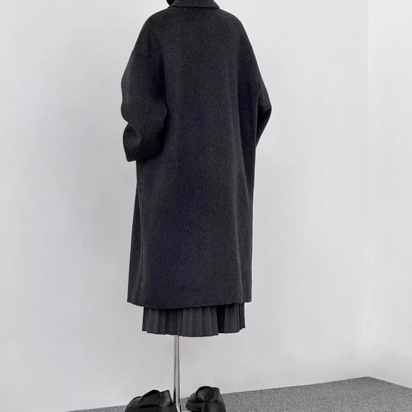 Abrigo de Lana Coreano Gris Oscuro Holgado Largo Mujer Premium