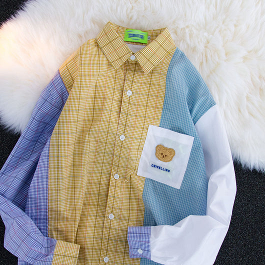 Camisa Cuadriculada Unisex con Contraste de Costuras de Diseño - Image 3