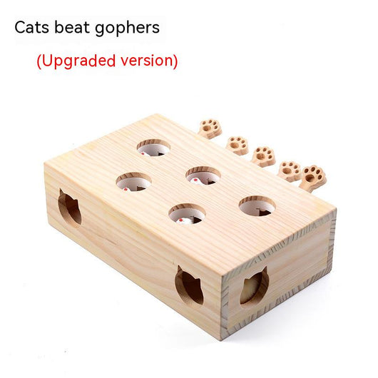 Solid wood whac-a-mole cat toy with 8 holes, featuring small white mouse figures and paw-shaped levers. - Image 3