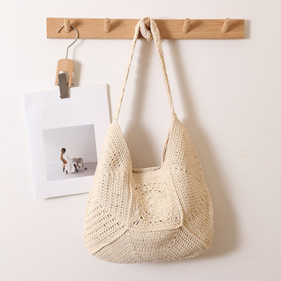 Bolsa de Playa Tejida de Algodón con Patrón Cuadros Vintage - Gran Capacidad para Viajes y Vacaciones - Image 6