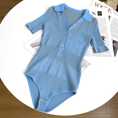 Blusa Fresca de Seda Helada Azul Cuello V - Camiseta Slim Fit para Verano