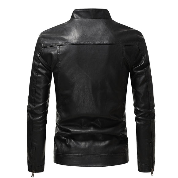 Chaqueta de Cuero con Cierre y Cuello Alto para Negocios y Motocicleta - Otoño e Invierno