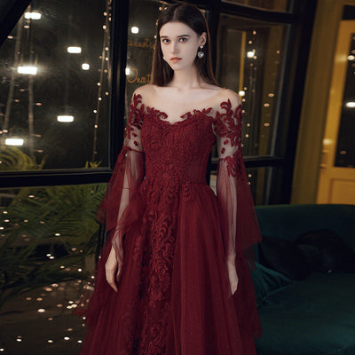 Vestido de Noche Elegante Encaje Borgoña para Mujer - Image 9